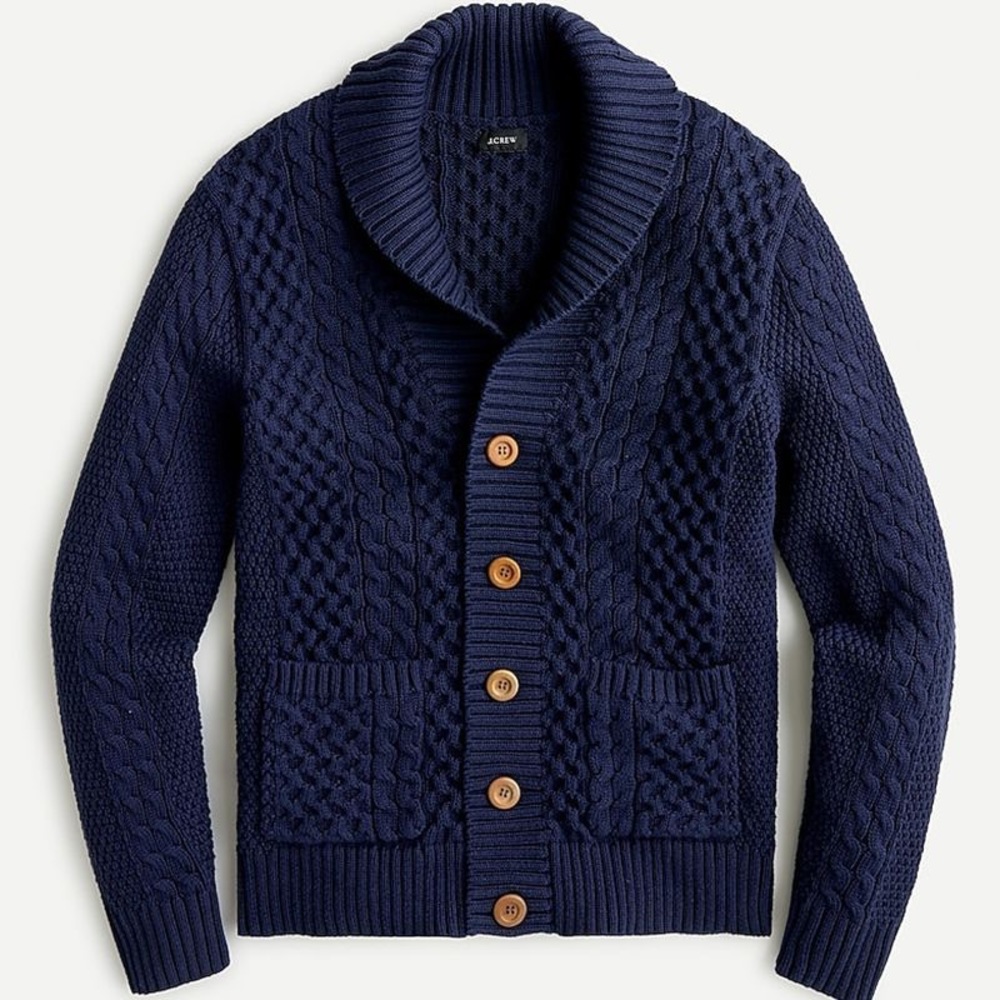 J Crew Cable-Knit Shawl-Collar Cotton Cardigan - L Navy